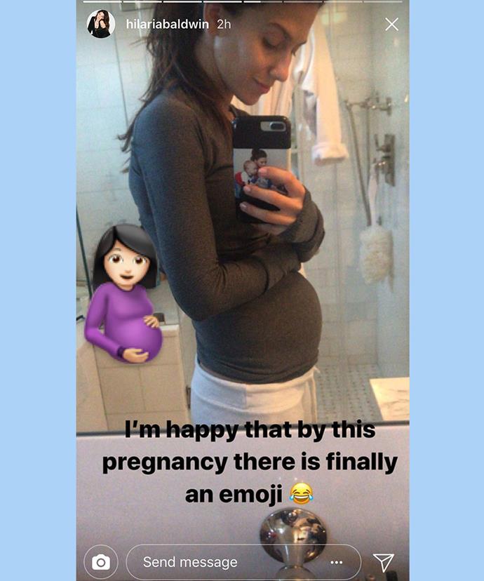 Baby number four isn't slowing down health guru and mum-to-be Hilaria Baldwin. Hilaria took to Instagram stories to post two snaps of her precious bump. Dressed in a fitted long-sleeve t-shirt which accentuated her growing bub, Hilaria joked that she was happy that by her fourth pregnancy to Alec Baldwin, there was a pregnant lady emoji she could use.