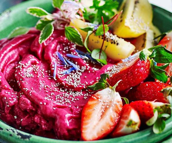 **Banana berry breakfast sorbet**.
<br><br>
This ruby red bowl of lusciousness is brimming with good things, from an assortment of healthy fruit, to chia seeds packed with omega-3s.
<br><br>
[Find the full recipe here](https://www.womensweeklyfood.com.au/recipes/banana-berry-breakfast-sorbet-1775|target="_blank").