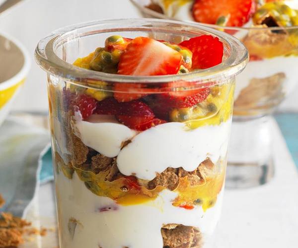 **Strawberry and passionfruit breakfast trifle**.
<br><br>
This beautiful sweet breakfast trifle combines fresh fruit, yoghurt and whole grains - proof that eating healthy can be delicious.
<br><br>
[Find the full recipe here](https://www.womensweeklyfood.com.au/recipes/strawberry-and-passionfruit-breakfast-trifle-13582|target="_blank").