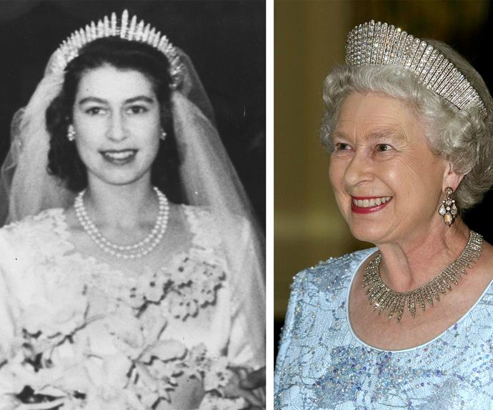 The Queen still adores wearing something from her 1947 wedding day, the diamond fringe tiara. It is incredibly delicate and fragile. Many might not know that on the her big day, the tiara broke before the ceremony, only to be repaired in the nick of time.