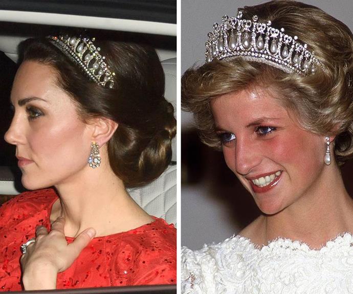 Duchess Catherine was then loaned the iconic diamond and pearl Cambridge Lover’s Knot tiara - a beautiful homage to Diana.