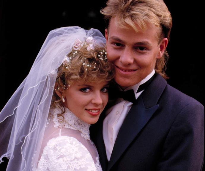 **Scott and Charlene have the TV wedding of the century:**
Crazy in love couple Scott (**Jason Donovan**) and Charlene (**Kylie Minogue**) had their iconic wedding in 1987. The two made it to the altar after a rocky relationship due to their family's feuding. Their romantic church ceremony became one of the most watched TV moments of the decade.