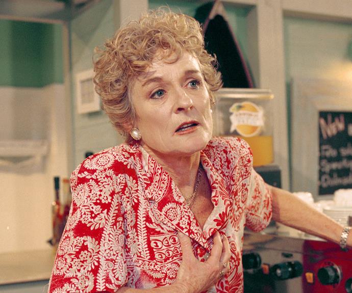 **18. AILSA STEWART (JUDY NUNN), 1988-2000, 2002-2003**
Long before Leah and Irene ran the Diner, it was owned by Alf's wife, Ailsa, and Bobby (Nicolle Dickson). Practical, caring and down-to-earth, Ailsa was always on hand to listen to other people's problems. On the surface, she appeared a model citizen, but Ailsa had a secret – she'd been jailed for murdering her abusive father. After surviving everything from a mudslide to an armed hold-up during her years in the Bay, Ailsa died of a heart attack.