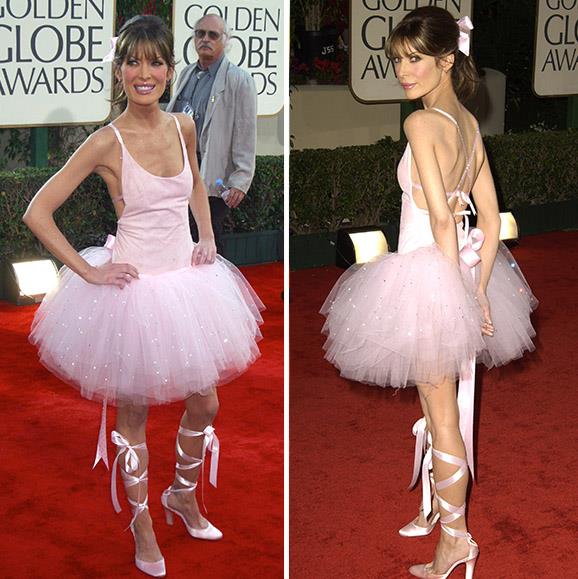 **Lara Flynn Boyle's ballerina blunder.** The Golden Globes red carpet has seen plenty of questionable gowns, but none other caused a stir like Lara Flynn Boyle's tutu at the 2003 award show. Not only did the *Twin Peaks* actress's choice of black-tie attire miss the mark, there was also a lot of talk about her dramatically slimmed down physique. 