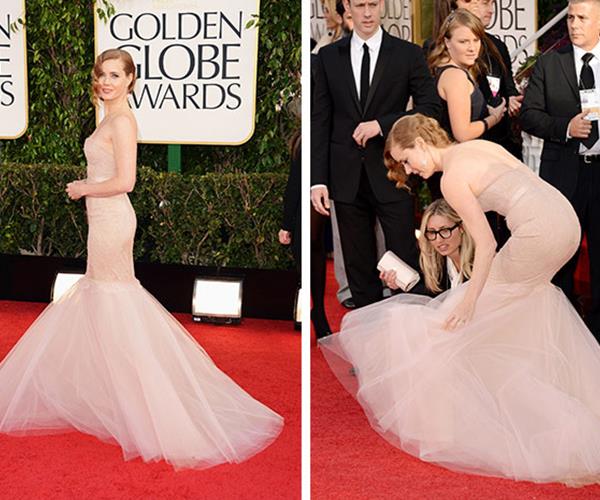 The 2013 Golden Globes certainly had its share of trouble! The ever-demure Amy Adams nearly came undone when her heel hooked into the fishtail of her dress.