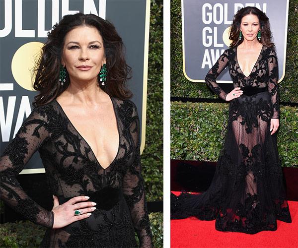 Catherine Zeta-Jones is a total knock-out in this sheer creation. The mother-of-two's emerald green statement earrings add a bright touch.