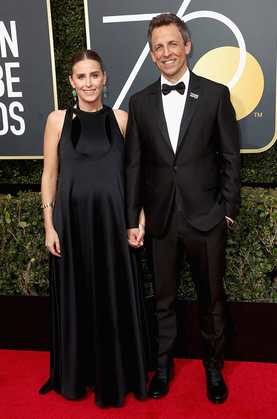 Not long to go now! Host Seth Meyers steps out with his wife Alexi Ashe, who is pregnant with their second child.