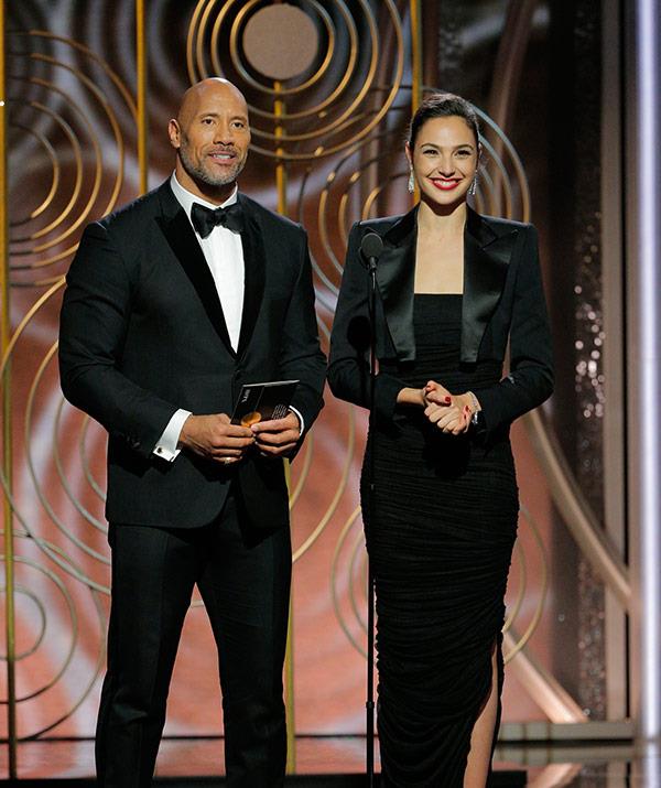 Dwayne "The Rock" Johnson and Gal Gadot take to the stage.