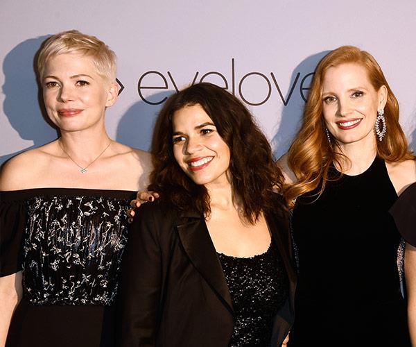 It's a power pack! Michelle Williams, America Ferrera and Jessica Chastain cuddle up.