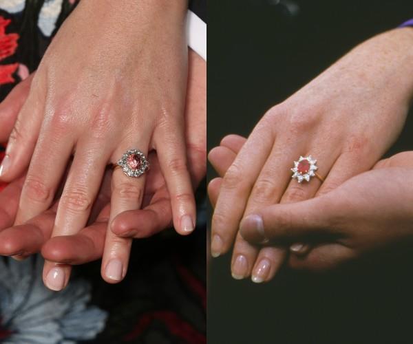 Eugenie's engagement ring (L) bares a striking resemblance to her mother's (R). When Prince Andrew became engaged to Sarah Ferguson in 1986, he gave her a large oval ruby ring set in 10 drop diamonds on a yellow and white gold band.