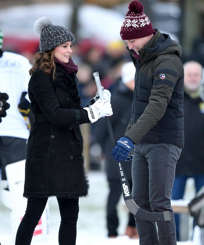 Kate and Wills flexed their hockey skills as they took part in a penalty shoot out at an outdoor ice-rink in the centre of Stockholm.