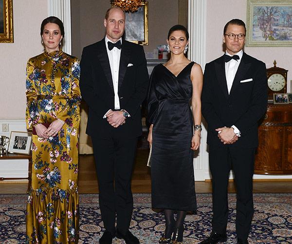 Duchess Catherine, Prince William, Princess Victoria and Prince Daniel pose for a photo at the British Ambassador's residence in Stockholm ahead of their dinner.