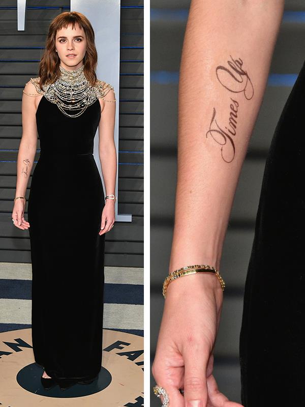Emma Watson wore hear heart on her sleeve-less arm. The actress has been an advocate for the Time's Up movement since its conception.