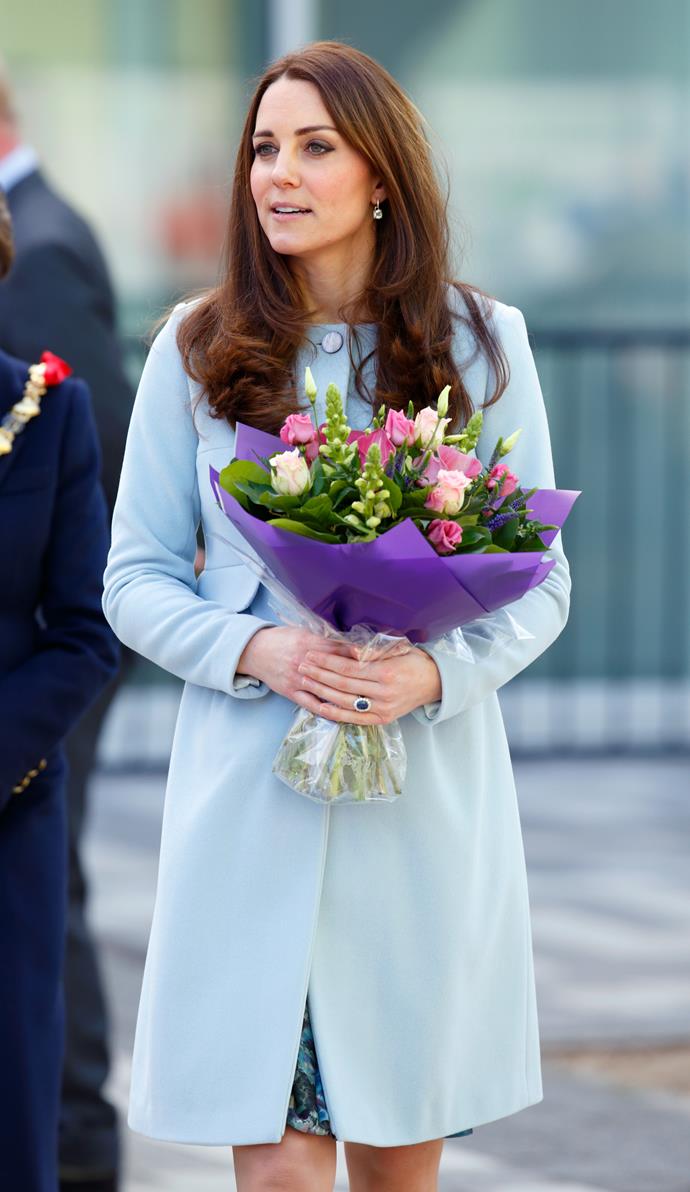 [The Duchess of Cambridge](https://www.nowtolove.com.au/fashion/red-carpet/duchess-catherine-best-fashion-looks-2017-36357|target="_blank") stepped out in this beautiful blue cashmere Seraphine coatdress for the opening of the new Kensington Leisure Centre in London in 2015.