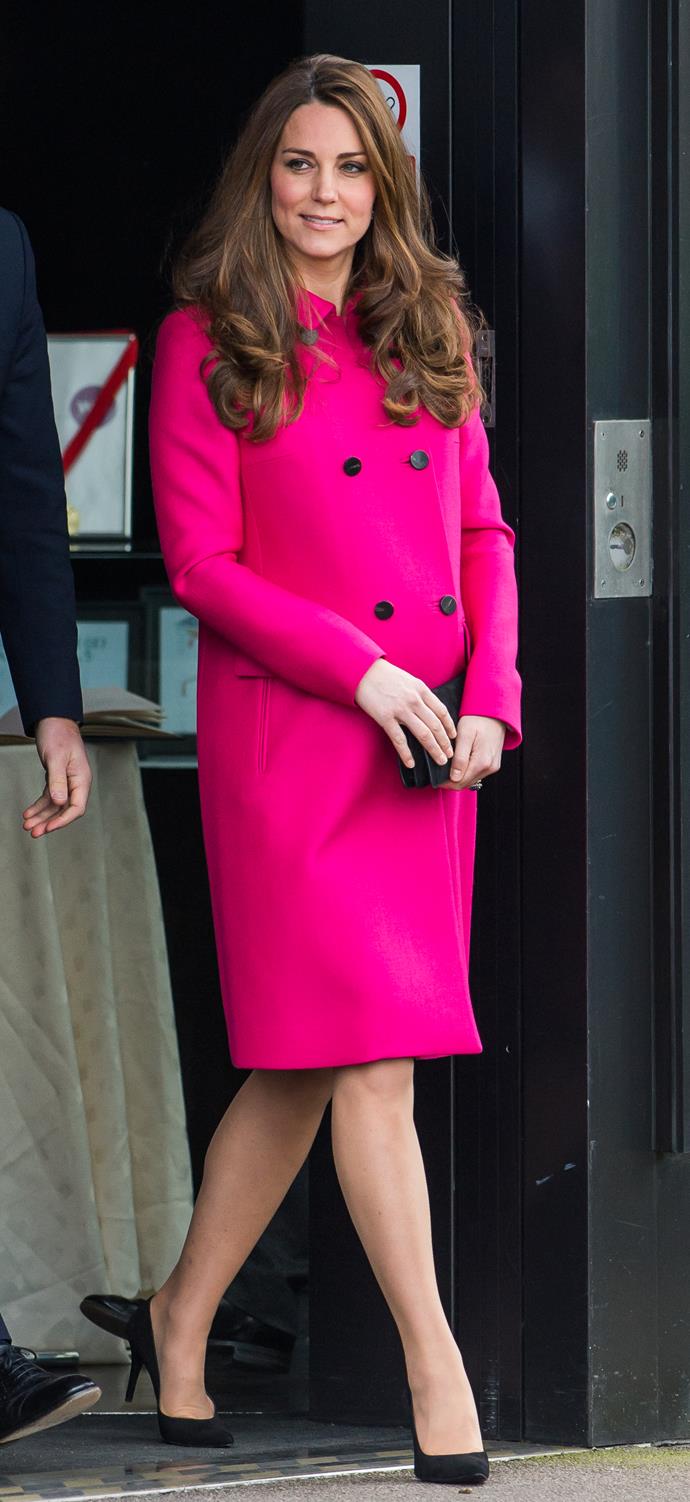 The Duchess loves this vibrant Mulberry coat. Here she wears the gorgeous piece when she was 8-months pregnant while visiting the Stephen Lawrence Centre in March 2015.