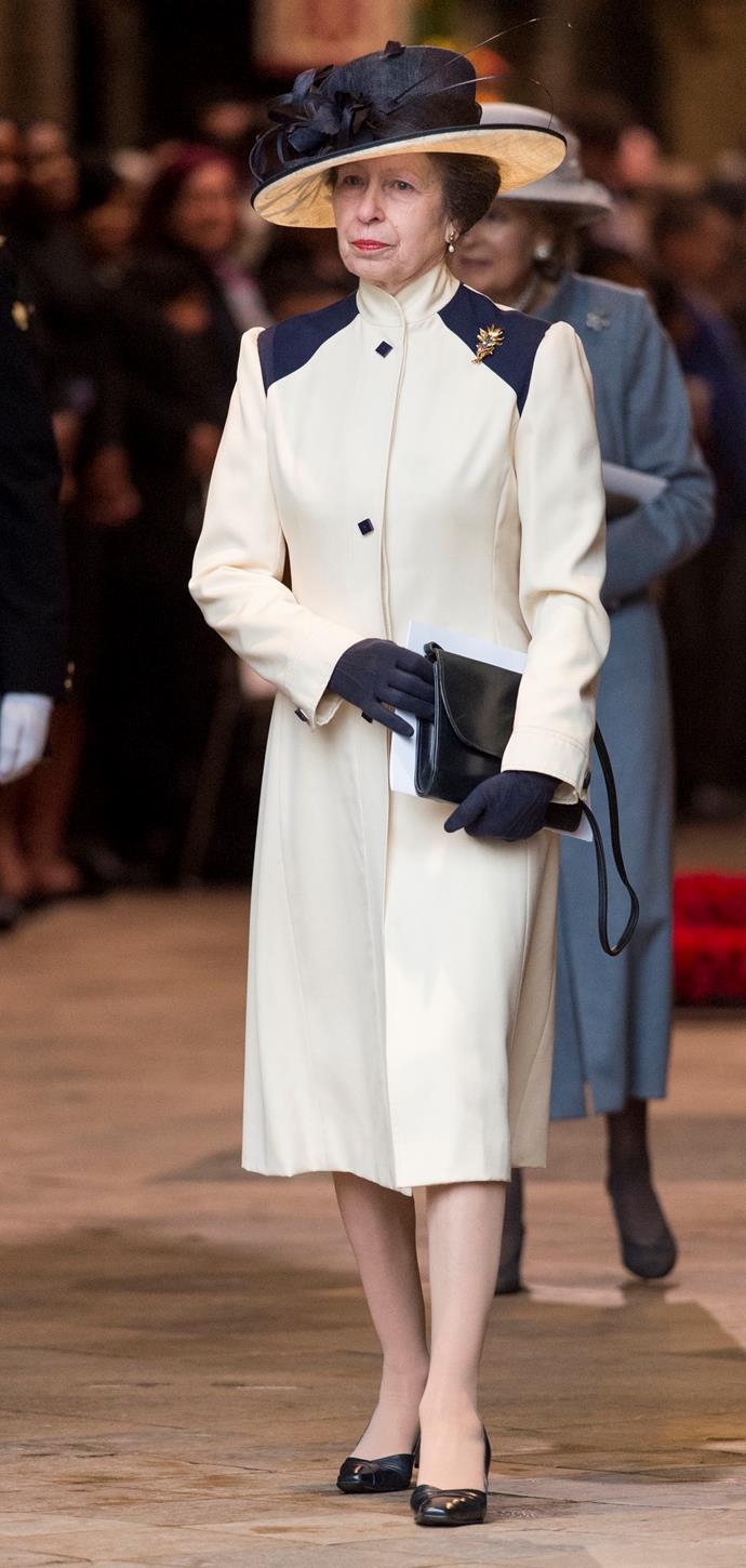 [Princess Anne](https://www.nowtolove.com.au/royals/british-royal-family/guests-at-royal-garden-party-treated-to-a-rare-princess-anne-smile-2485|target="_blank"), was captured stepping out in a cream and navy coat for the [2018 Commonwealth Day service](https://www.nowtolove.com.au/royals/british-royal-family/meghan-markle-duchess-kate-twin-for-commonwealth-day-45700|target="_blank") on March 12th 2018, which she was previously seen 32 years ago.