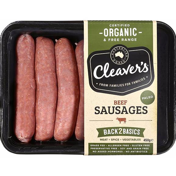Cleaver's Organic Beef Sausages, 0.95 g salt/100g.