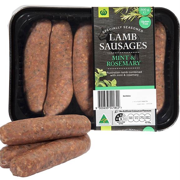 Woolworths Lamb Sausages Mint & Rosemary, 1.0g salt/100g.