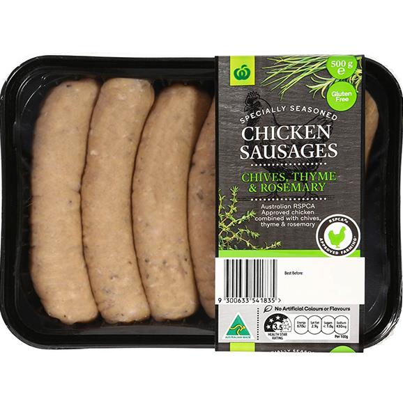 Woolworths Chicken Sausages Chives, Thyme and Rosemary, 1.0g salt/100g.