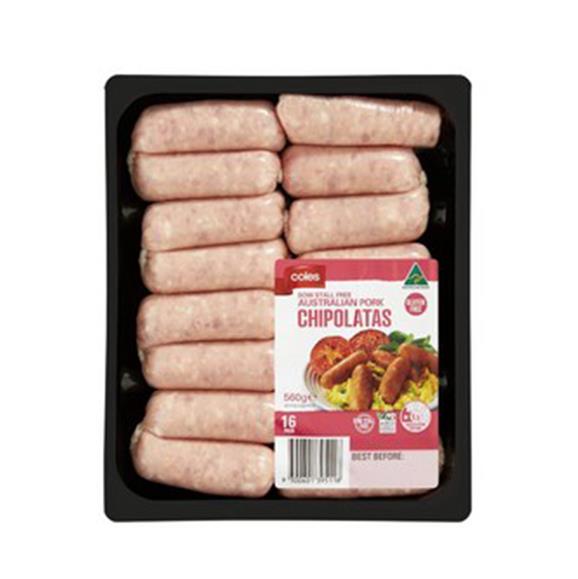 Coles Sow Stall Free Australia Pork Chipolatas, 2.4g salt/100g.
