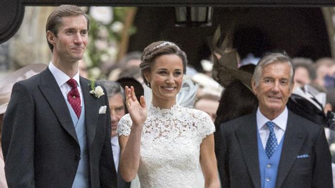 Pippa, James and her father in law on her wedding day.