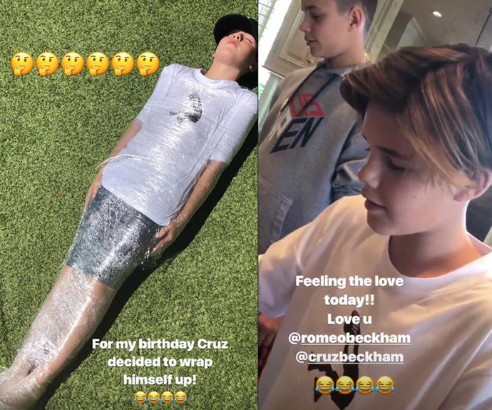 Kids will be kids! The Beckham boys got creative to celebrate their mum's birthday. Victoria shared on her Instagram stories second youngest Cruz hilariously wrapped in cling wrap and then later with his brother Romeo baking a birthday cake for their mum.