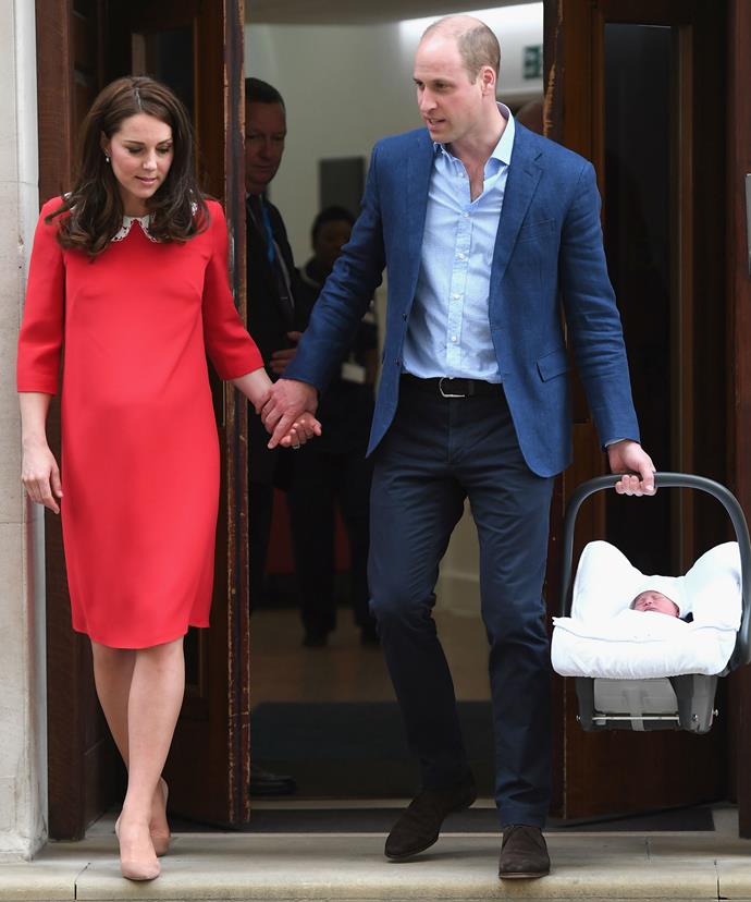 After disappearing into the hospital once again for a few minutes, the royal couple emerged with the new royal baby strapped safely into a car seat ready for the short journey home.
