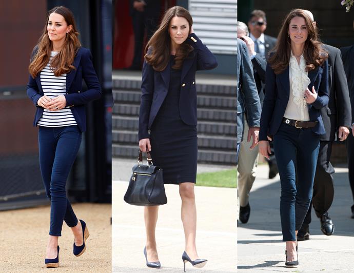 ***A good blazer goes with everything***<br><br>
Even though we usually see her in dresses or coats, Kate loves separates. Whether it's a coordinating set, or jeans and a jacket, the Duchess knows the power of a cohesive outfit.<br><br>
One of her favourite combinations is a pair of skinny jeans, a great top and her trusty blazer. This [Smythe blazer](https://www.saksfifthavenue.com/main/ProductDetail.jsp?PRODUCT%3C%3Eprd_id=845524447015501|target="_blank"|rel="nofollow") has been worn so many times by the royal (in both navy and olive), they named it after her.<br><br>
The blazer features a nipped waist to accentuate her figure, sharp shoulders to keep the lines clean, and a simple one-button closure. Kate wears hers over dresses, with jeans and blouses, and over t-shirts.