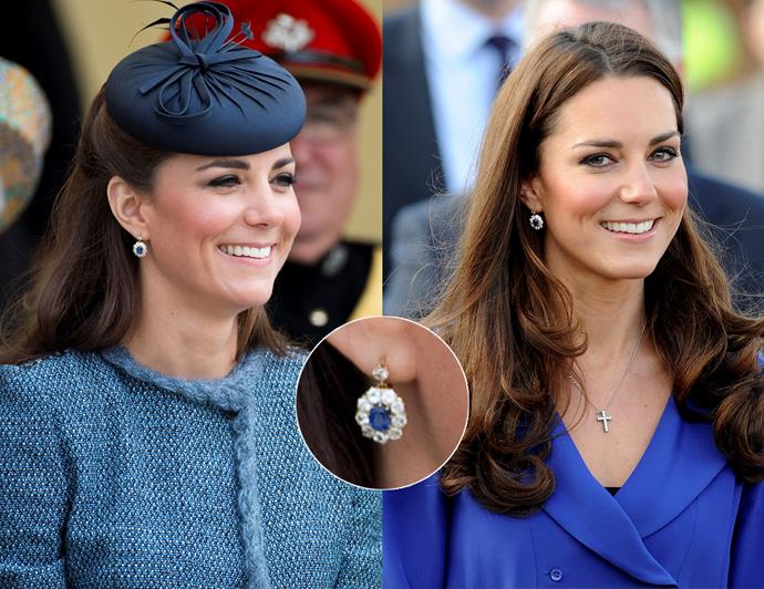 ***A stylish pair of statement earrings will go with everything***<br><br>
Kate does indeed wear a lot of earrings when out on engagements, from flashy diamond pieces borrowed from the [Queen's vaults](https://www.harpersbazaar.com.au/celebrity/kate-middleton-royal-jewels-13761|target="_blank"), to big gemstone pieces in pale pink and green. But she does have a few pairs of simple drop-style earrings that are show-y enough to stand out, but simple enough to be versatile.<br><br>
These sapphire and diamond earrings were created to match her famous engagement ring, and Kate wears them constantly. The deep blue colour brings out her green eyes, and the size of them is the right balance between eye-catching and subtle.