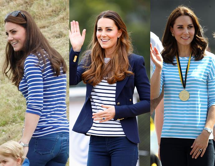 ***A long-sleeve striped top never goes out of style***<br><br>
While we don't often get to see Kate in her casual attire, when we do, a striped tee is a regular sight. Kate has several different variations on the blue-and-white striped long sleeve t-shirt, from wool pullover options from M.I.H., to light blue Hugo Boss versions and classic navy ME+EMs.<br><br>
We usually see Kate sporting hers with a pair of dark blue or black jeans and a simple loafer. This approach to weekend styling is relaxed, stylish and comfortable – perfect for a mum-of-three on the go.<br><br>
When it comes to the fit, Kate always goes for a close-fitting shirt that accentuates her waist and arms, but isn't constricting. Although these shirts come in all sorts of colours, the Duchess loves the blue-and-white colour way, echoing the classic Breton style.
