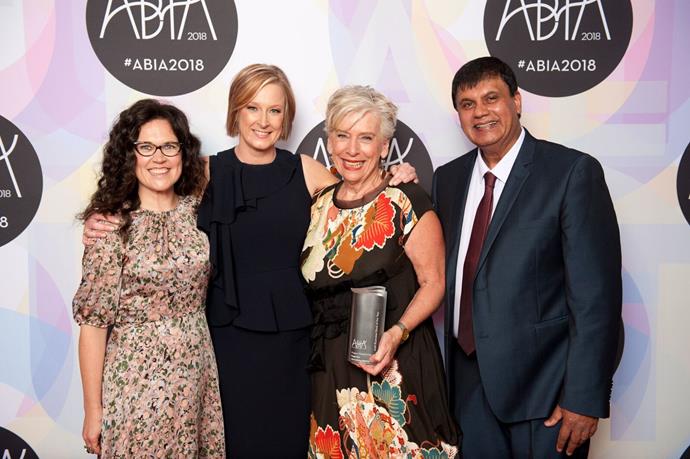 Maggie Beer and Professor Ralph Martin with 2018 ABIA Illustrated Book of Year award presenters Annabel Crabb and Leigh Sales.