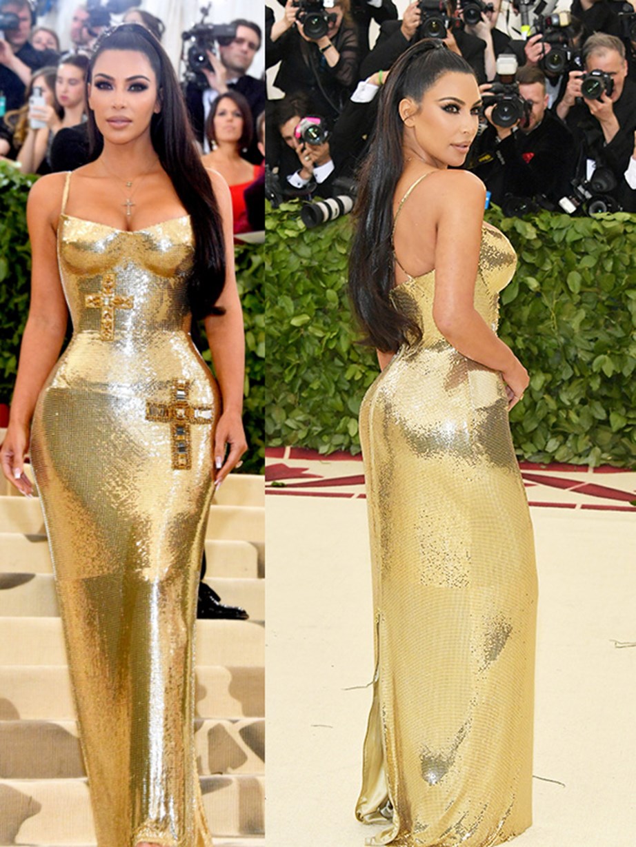 That figure! Glimmer in gold, Kim Kardashian turns heads in this stunning sequined dress.