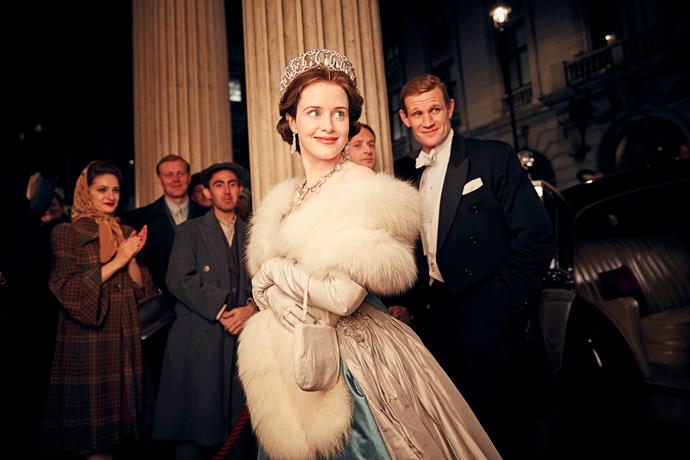 Claire Foy and Matt Smith star as Queen Elizabeth II and Prince Philip in *The Crown.*