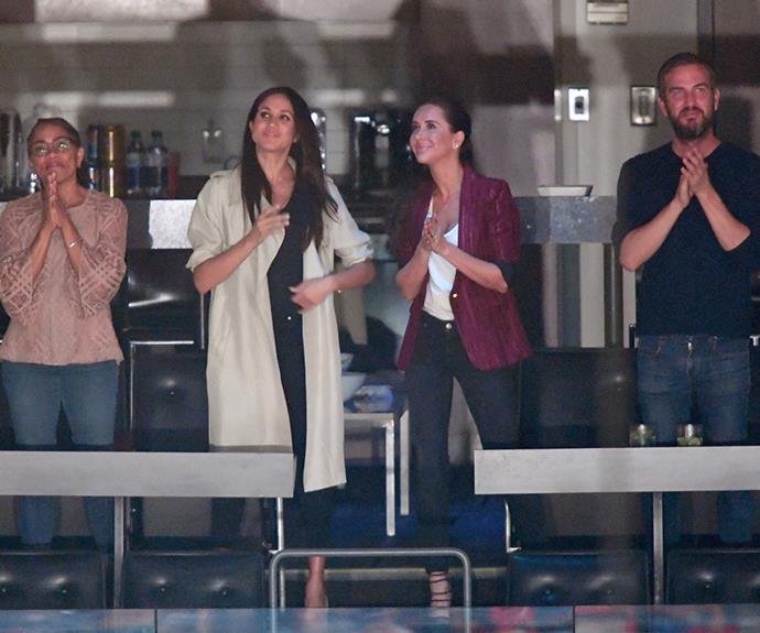 Meghan and her mother Doria (left), Jessica Mulroney and another friend of Meghan's Markus Anderson, at the closing ceremony of the Invictus Games in Toronto, 2017.