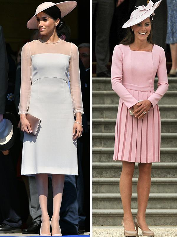 Meghan steps out to her first Garden Party in a similar outfit Kate wore to her first Garden Party.