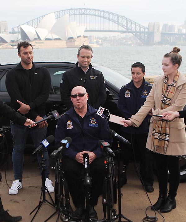 Athletes Jeff Wright (centre), Corporal Sonya Newman (second from right), and Ian Thorpe (far left) at this morning's ticketing launch.