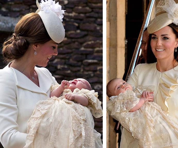 Keeping it in the family. (L-R) Princess Charlotte in the cream gown in 2015 and Prince George dons the same outfit in 2013.