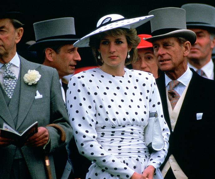 Diana poised in a polka dot day dress and matching hat designed by Victor Edelstein.