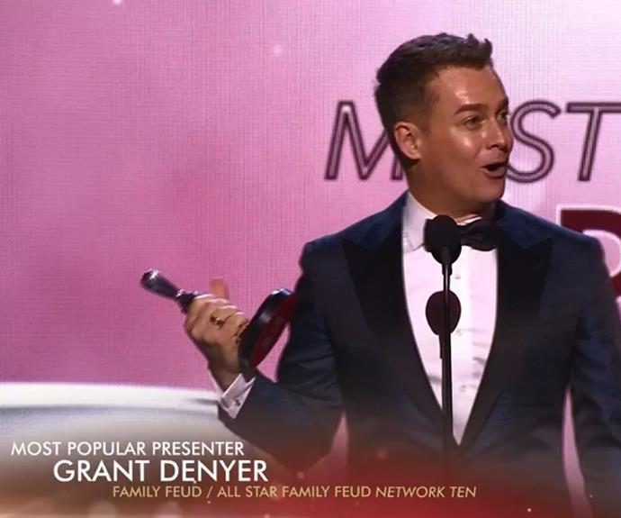 "Survey says yes!" Grant Denyer wins the Logie for Most Popular Presenter.