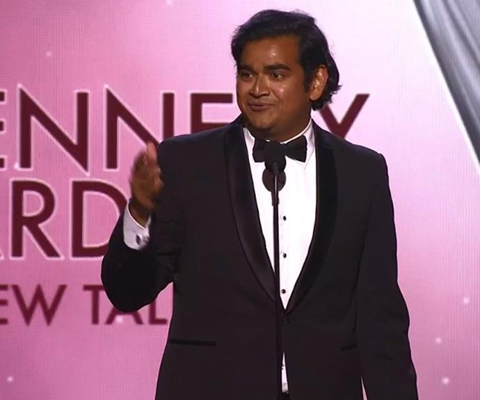 Congrats Dilruk Jayasinha! The comedian and actor beat out Sam Frost and Matty J for The Graham Kennedy Award for Most Popular New Talent. He stars in *CRAM!, Network Ten; Utopia, ABC*.