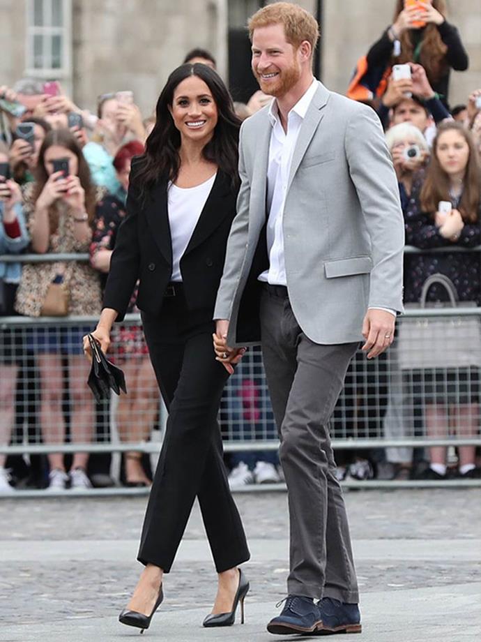 Meghan stunned in this Givenchy paintsuit, reminding us all of the pre-wedding Meghan we came to know and love. The Duchess paired this iconic outfit with a $59 shirt by Lavender Hill, a Givenchy belt, Givenchy bag, and Sarah Flint heels.