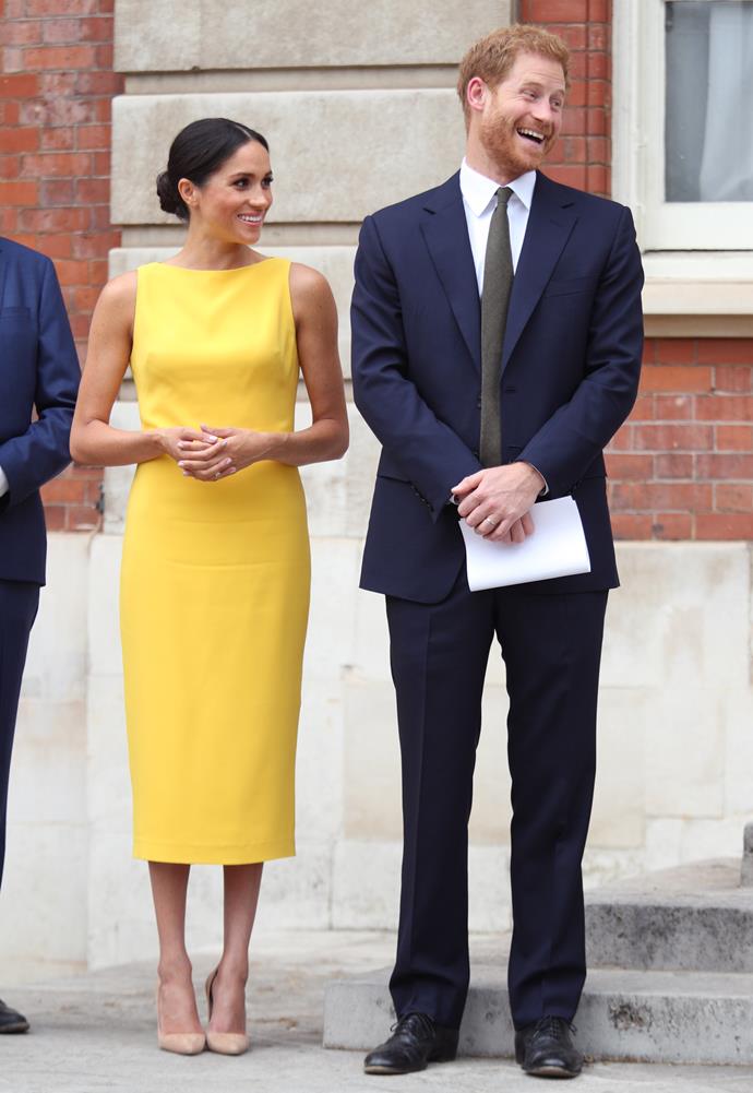 Meghan who up until this point had only been wearing neutral colours post the wedding, threw a curve ball with her canary yellow dress. Perhaps in a nod to her motherland's 4th of July celebrations, she chose to wear American designer Brandon Maxwell's creation to the Your Commonwealth Youth Challenge reception at Marlborough House in London. She accessorised the high, straight neckline, no sleeves and shin-grazing hem dress with her now iconic Manolo Blank 'BB Pumps' in nude suede and a pair of diamond earrings by Adina Reyter, looking a dream from head to toe.