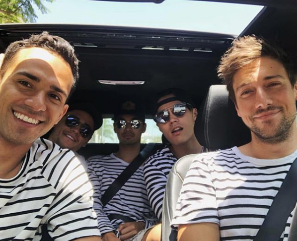 *Nashville* star Micah Tootoo and *Neighbours* star John Harlan Kim hang with *H&A's* Christian Antidormi, Jordan Rodrigues, and Lincoln Younes. The gang coordinated in matching stripe tees.