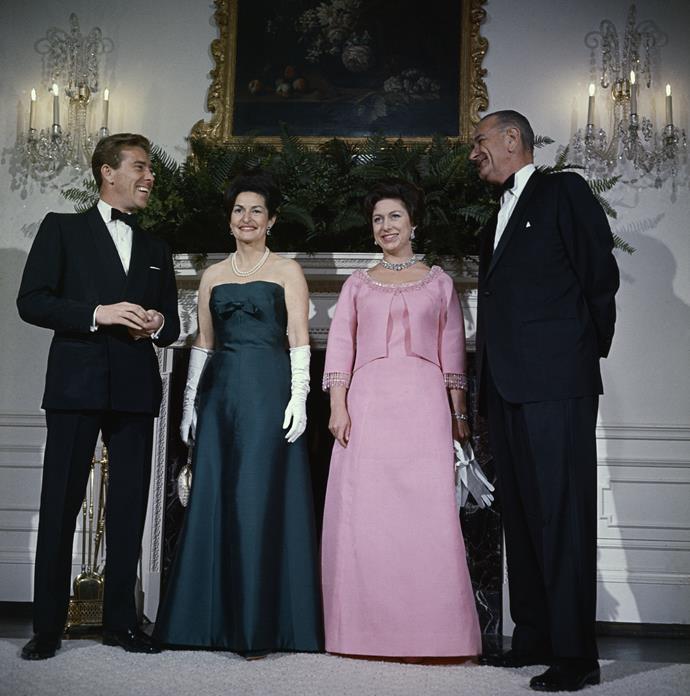 President Lyndon Johnson, Lady Bird Johnson, Prince Margaret and Lord Snowdon at the White House during their controversial tour of the U.S.