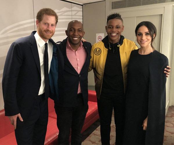 Donel Mangena (second from right) with Prince Harry (left) his father Nkosana and Meghan Markle