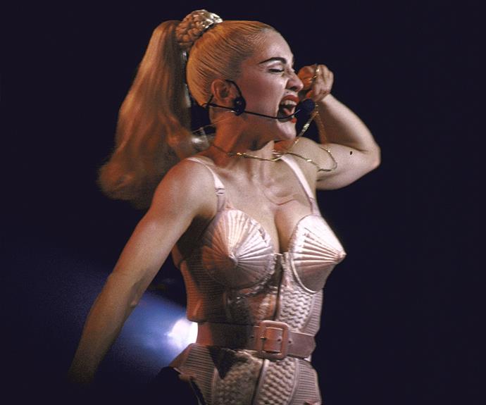 Talk about a fashion icon- Madonna rocked the famous cone bra designed by Jean Paul Gaultier on her *Blonde Ambition* tour.