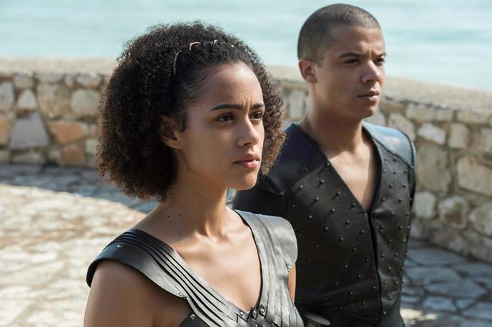Missandei (Nathalie Emmanuel) and Grey Worm (Jacob Anderson) in *Game of Thrones.*