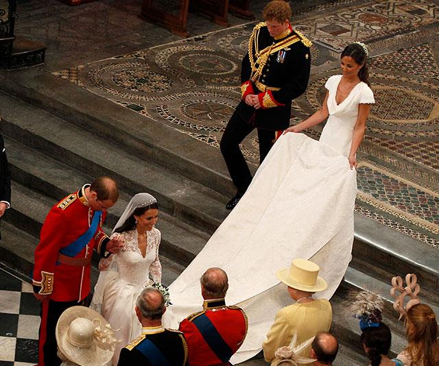 Double act: In 2011, Duchess Catherine was assisted by her bridesmaid and sister [Pippa Middleton](https://www.nowtolove.com.au/tags/pippa-middleton|target="_blank") during the historical moment.
