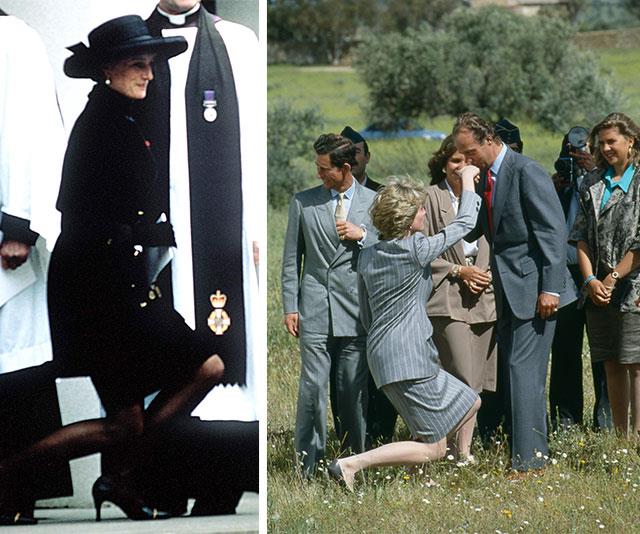 Former ballerina Princess Diana had it mastered! (L-R) Princess Diana curtsies to The Queen at the funeral of her father, Earl Spencer, in 1992 and the Princess of Wales greets King Juan Carlos of Spain, who kisses her hand, in 1987.