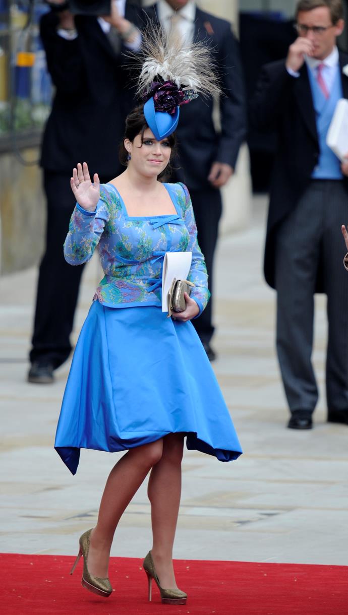 Eugenie in Vivienne Westwood for Prince William and Kate Middleton's wedding in 2011.